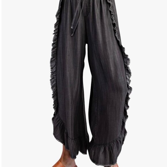 Wide Leg Ruffled Frayed Hem Elastic Tie Waist Pants - Picture 3 of 3
